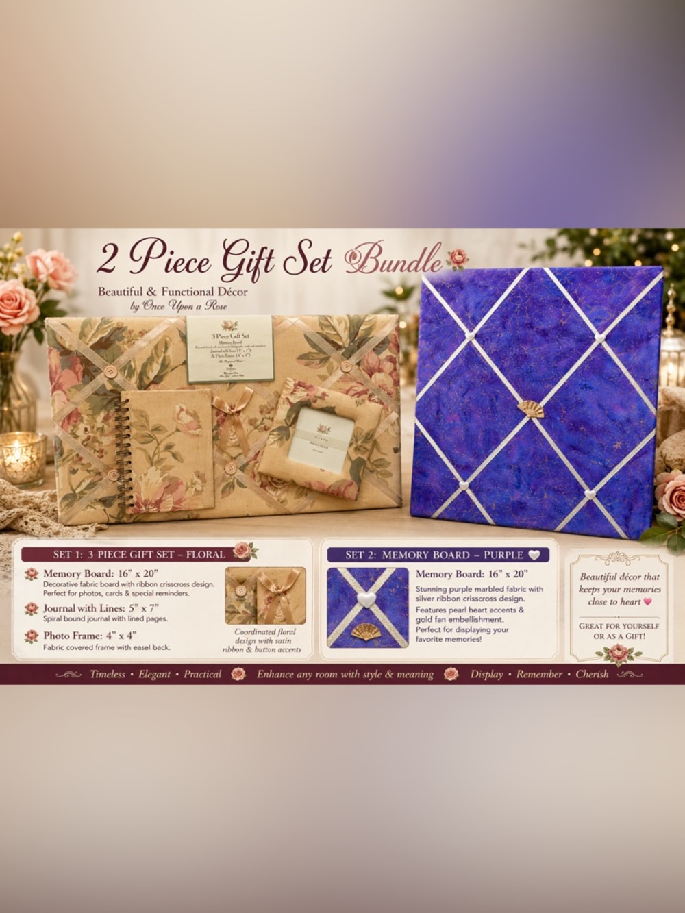 🌸 2-Piece Memo Board Bundle – Floral Gift Set + Purple Memory Board